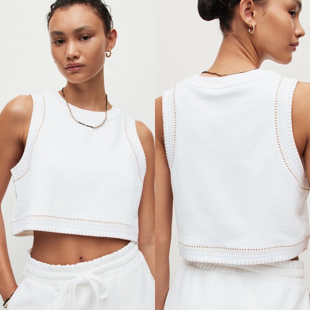NEW Allsaints Crotchet Lila Embroidered Trim Crop Top in Calk White
